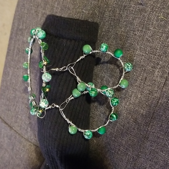 Boho Faux Jade Stone Chunky Bangle Earring Bracelet  Set - Picture 10 of 16